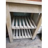 Striped pine kitchen preparation table with 2 slatted undershelf all on castors