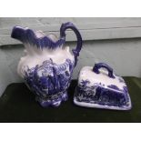 Vivid blue and white lidded cheese dish and toilet jug in similar style