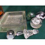 Heavy glass ashtray, 3 glass paper weights etc.