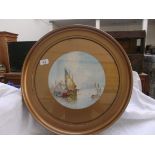 Large gilt circular framed watercolour of fishing smacks signed J. Hill (18" diam.