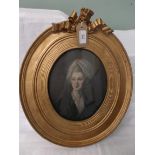 Copy coloured portrait of Gainsborough's Queen Charlotte in ornate and decorative gilt frame