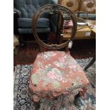 Carved circular backed bedroom chair the padded seat in original beige satin cloth