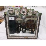 Framed bevel edged table mirror with coloured floral decoration to top