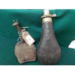 Plated and leather musket flask and another with contents