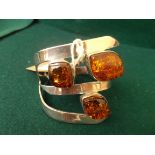 Large marked 925 silver and 3 amber stone bangle