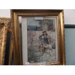 Gilt framed Pears print of spring garden scene of two young girls seated on marble bench