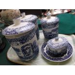 3 graduated blue and white Spode lidded storage kegs, sugar basin etc.