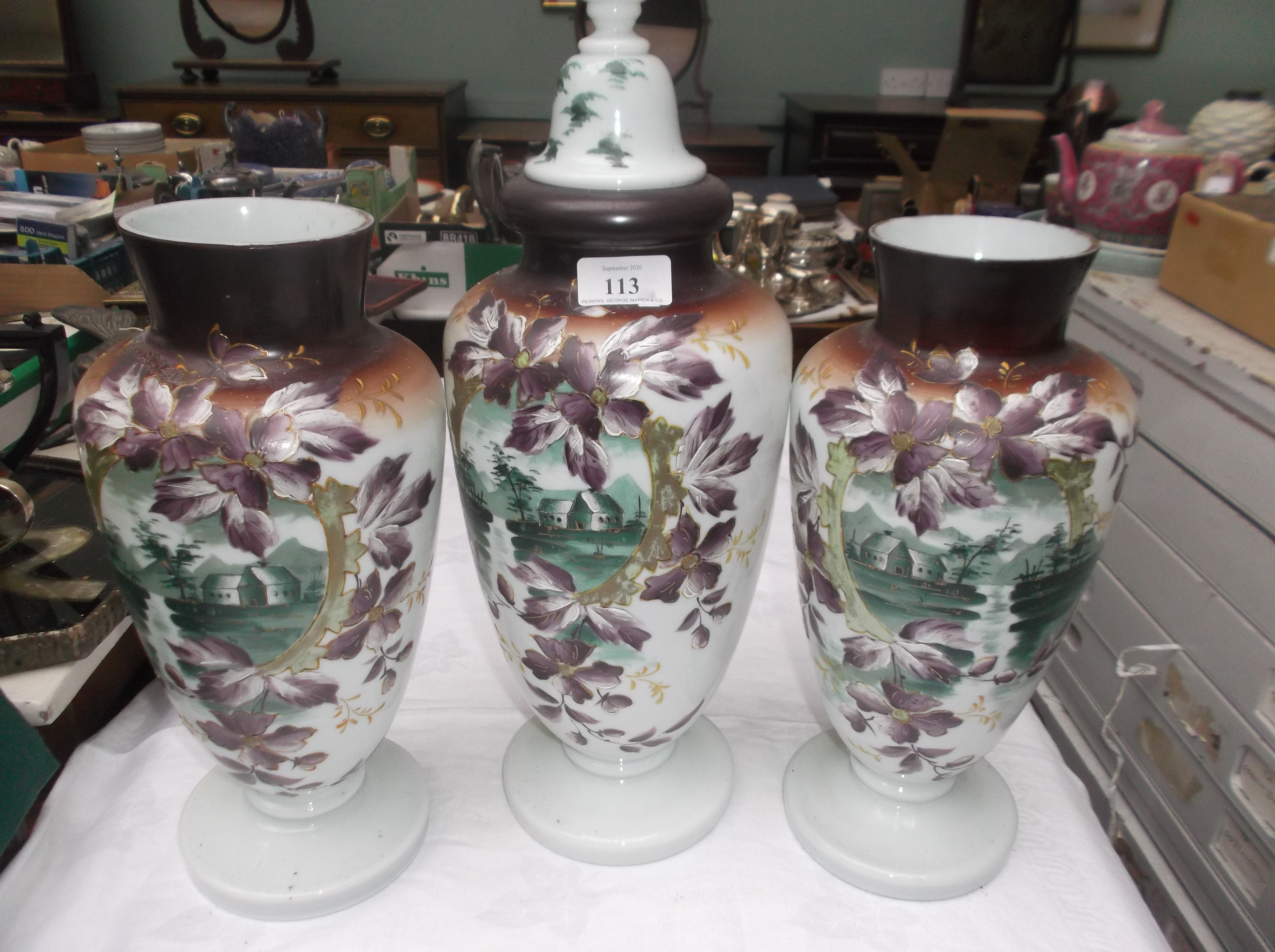 3 piece clouded glass mantelpiece set of 3 urn shaped vases,