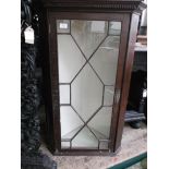 Mahogany wall hanging corner display cabinet with single rectangular astragal doors to front