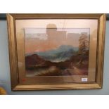 Gilt framed painting of moorland lakeside landscape scene