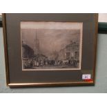 Gilt framed black and white print of market scene with Cathedral in background