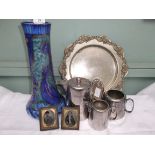 Decorative Studio glass cylindrical blue and gilt flower vase (repaired) and a 3 piece plated