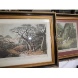 Large gilt and black framed French coloured print of pheasant shooting and another of woodcock