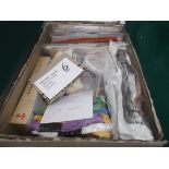 Box of embroidery accessories, fabrics, patterns etc.