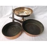 Pair of iron handled copper pans and a silver plated fruit bowl on circular plinth