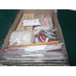 Box of embroidery accessories, fabrics, threads, patterns etc.