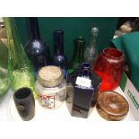 Sel. of coloured glass bottles, tortoiseshell style lidded dressing table box etc.