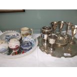 Selection of plateware, goblets etc on circular tray and misc.