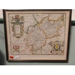 Saxton coloured map of Warwickshire and Leicestershire in contemporary frame