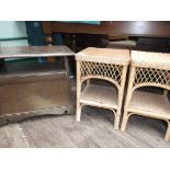 Rectangular topped oak shelved side table and 2 wicker stools each with undershelf (3)