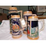 4 handled multi-coloured German stoneware ale mugs with raised multi-coloured decoration