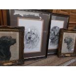 4 framed charcoal drawings of dogs each signed by David Waller, framed wild fowl print etc.