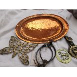 Oval copper tray, brass trivet,