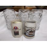 2 stoneware German ale mugs and 3 pint glass German dimple glass German ale tankards