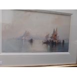 Gilt framed watercolour of sale boat fishing smacks moored at entrance to harbour with Mosque in