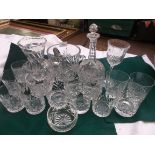 Box of cut glass water tumblers, cut glass flower vase,
