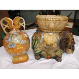Large stoneware multicoloured elephant centre piece and a yellow and orange ground double handled