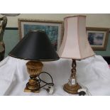 Oak twist stemmed table lamp with pink parchment shade and a modern gilt based table lamp with