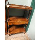 WALNUT 3 TIER WHAT NOT DISPLAY STAND INSET SINGLE DRAWER ON POT CASTORS