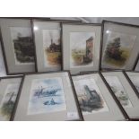 9 framed coloured prints of early landscape and farming scenes