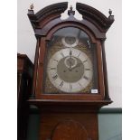 18TH CENTURY LONG CASED CLOCK IN HOODED OAK CASE WITH BRASS FINIALS EX.