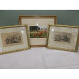 Gilt framed poppy landscape print and a pair of gilt framed antique prints, one of grouse shooting,