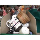 Box of misc. incl. miniature dolls, Edwardian lustre milk jug, mixed buttons etc.