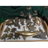 3 arm brass candleholder and a selection of brass miniature ornaments of frogs, beetles, swordfish,