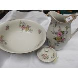 3 piece white ground Upper Handley ware toilet set decorated multi-coloured roses