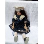 German vintage pot headed Sailor doll, loose limbs black hair, unfixed brown eyes,