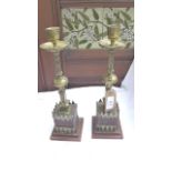 Most unusual pair of brass candlesticks each on square wooden plinth