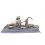 Bronze figure of a nude stroking an Impala on rectangular marble plinth