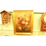 Large gilt framed still life oil on board of a bowl of roses signed N.