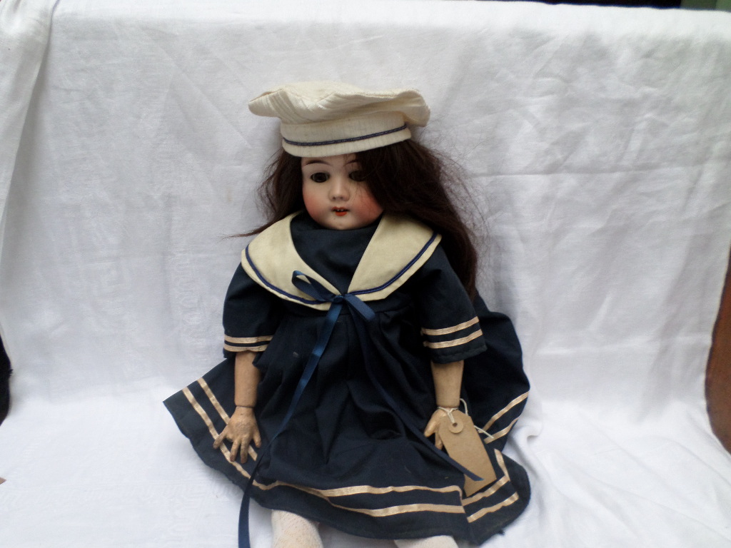 German vintage pot headed Sailor doll, loose limbs black hair, unfixed brown eyes, - Image 2 of 2