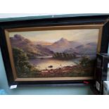 Oil on canvas of lakeside mountain scene signed M.C.