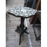 Multi mother of pearl inlaid side table on 3 splayed feet,