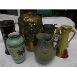 Magpie lot of 4 flower vases from various factories together with 2 handled hot water jugs each