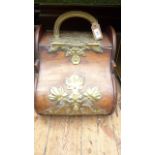 Brass handled wooden coal scuttle, with shaped lid,
