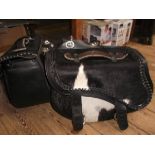 Pair of black leather horsehair effect motorbike panniers