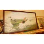 Large framed oil on canvas signed Sargeant of British early 20th century Bi-Planes in the clouds